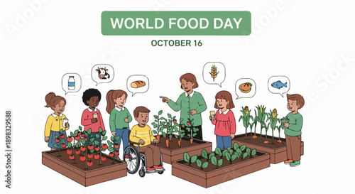 World Food Day illustration shows children, adult learning about food in garden beds. World Food Day promotes global food security, nutrition education, sustainable agriculture.
