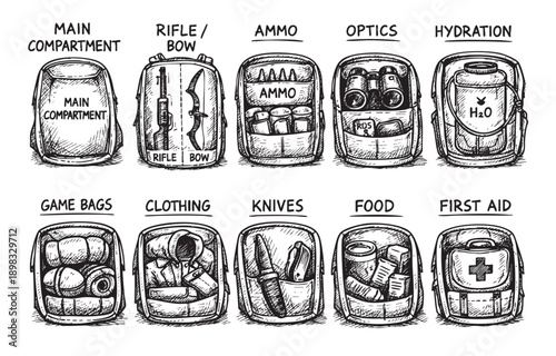 Illustration of organized backpack compartments for hunting gear: rifle, ammo, optics, hydration, clothing, food, and first aid. Perfect for outdoor guides, tutorials, or product visuals.