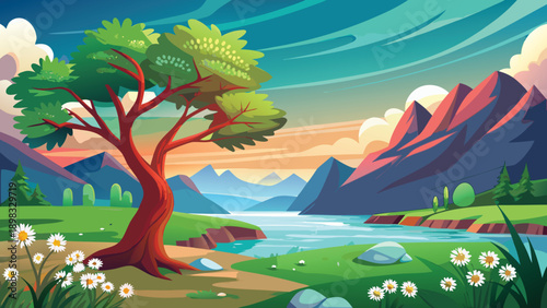 Serene landscape with a majestic tree beside a tranquil river and rolling mountains