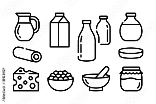 Dairy product line icons set with milk bottle cheese yogurt butter and jug isolated on white ground