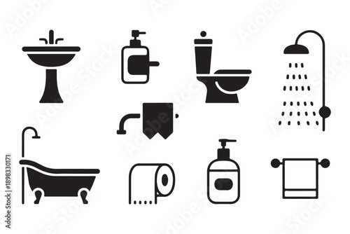Sanitary bathroom equipment silhouette icons featuring bathtub shower toilet and sink for house plan