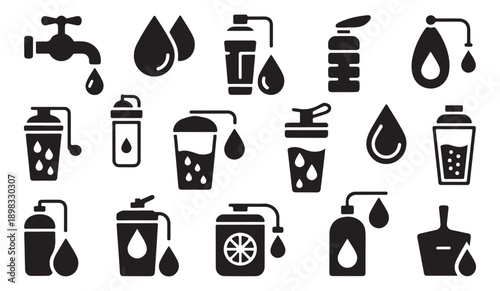 Water related icons, taps, droplets, and containers for water supply and beverage consumption