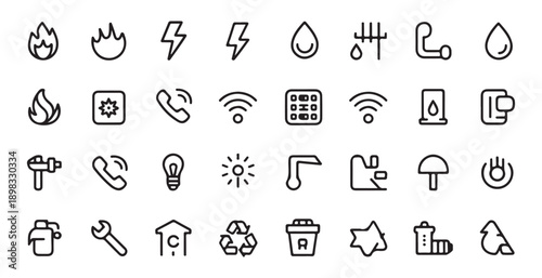 Utilities icon set for home maintenance energy and environment icons including fire water and power