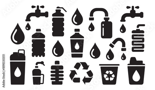 Water icons featuring taps, drops, bottles, recycling, and trash bin for conservation theme