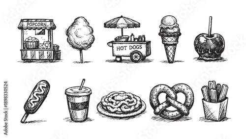 Hand-drawn vector illustration of carnival food. Includes popcorn, cotton candy, hot dog stand, ice cream, caramel apple, corn dog, and more. Perfect for menus and designs.