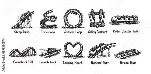 Black and white hand-drawn illustration of roller coaster elements. Features steep drop, corkscrew, vertical loop. Perfect for themes of amusement parks, excitement, and design.