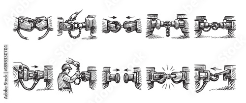 Vector illustration of latch locking methods, isolated on white. Great for manufacturing, instruction manuals, security measures or graphic design.