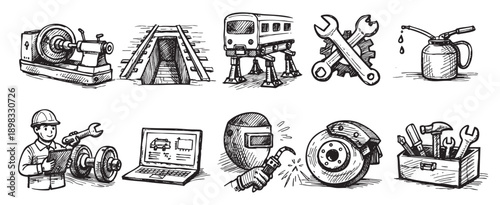 Vector illustration of mechanical engineering and repair related doodle icons. Perfect for illustrations, infographics, website design, and other graphic projects. Black and white sketch.