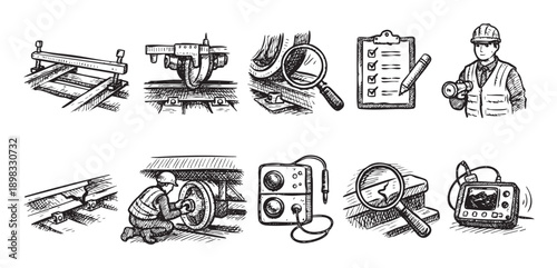 Hand-drawn sketches of railway track inspection, maintenance, quality control, safety procedures. Represents railroad engineering, transport, safety, and industrial processes.