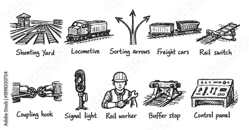 Collection of hand-drawn railroad sketches including a locomotive, train cars, shunting yard, rail worker, and control panel. Perfect for illustrating logistics, transportation, or rail concepts.