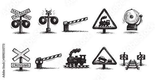 Hand-drawn collection of railway crossing icons and symbols, perfect for transportation, safety, education, or design projects needing a vintage, sketched aesthetic.