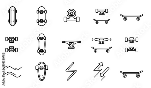 Outline skateboard icon vector set with clean line art skateboarding symbols