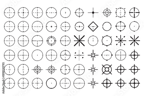 Sniper aim reticle collection with various crosshair designs for shooting games and hunting visuals