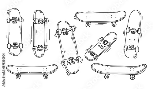 Naive skateboard doodle outline vector illustration set with hand drawn skate clipart