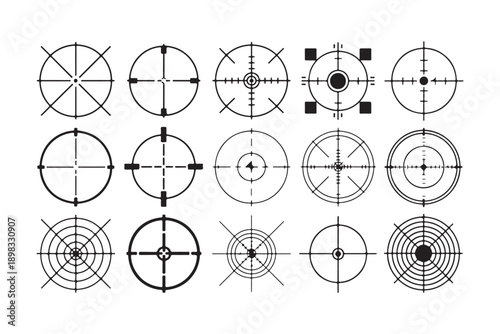 Set of 15 black and white various sniper sights and crosshair targets for shooting games