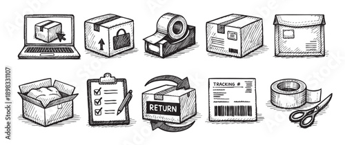 A hand-drawn illustration of shipping and return-related objects, including laptop, boxes, tape, and a return label. Use for packaging, delivery, or e-commerce.