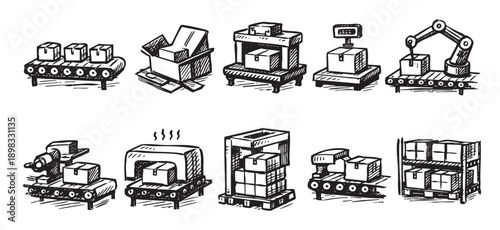 Black and white sketch of a conveyor belt with packages, boxes and robotic arms. Ideal for illustrating logistics, delivery, shipping, and automation concepts.