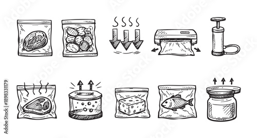 Hand-drawn style illustration depicting vacuum sealing food preservation methods and products. For use in food packaging, storage, sous vide, freshness, and kitchenware themes.