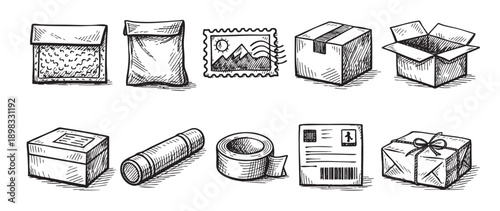 Black and white sketch of common shipping items, including boxes, envelopes, tape, and a postage stamp. Great for illustrating package delivery and small business commerce.