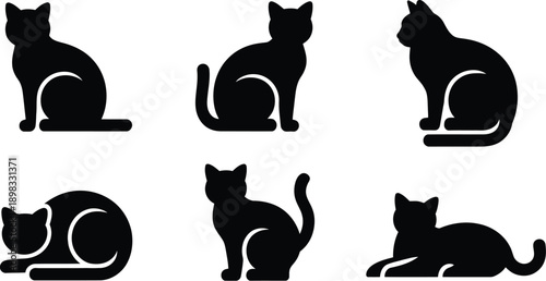 Cat silhouette icon set featuring sitting sleeping and relaxed feline poses elegant minimal animal symbols clean vector illustration design