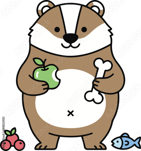 Vector illustration of a cute cartoon badger holding a green apple and a bone, accompanied by berries and a fish, representing an omnivorous diet.
