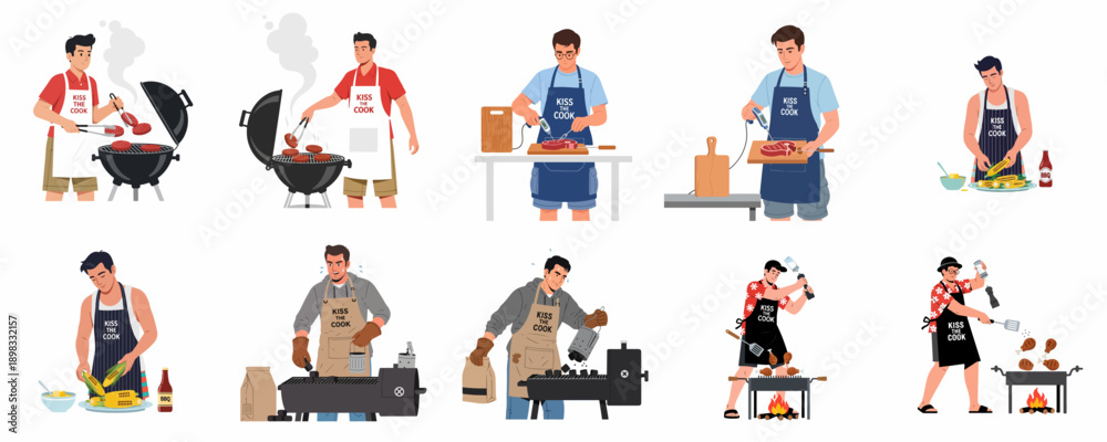 Fototapeta premium Set of men characters grilling meat, burgers, and corn on the cob on various barbecues, representing the fun of summer outdoor cooking.