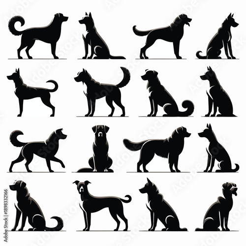 A collection of black silhouette dog breeds displayed in various poses and profiles