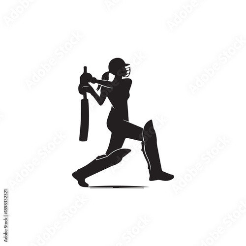 Silhouette of female cricket player in batting stance holding bat ready to hit ball wearing helmet leg pads