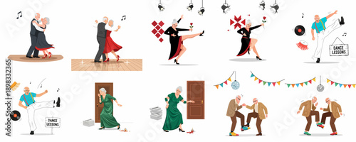 Energetic elderly people dancing: seniors enjoying tango, performing solo routines, participating in dance lessons, and experiencing humorous moments of active retirement life.