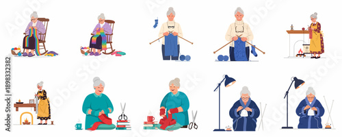 Grandmother Knitting Hobby Set: Flat illustrations showing senior women creating handmade scarves, sweaters, and hats, enjoying leisure time.