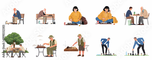 Diverse people enjoying chess outdoors, including seniors, youth, and young adults, illustrating concentration, leisure, and strategic thinking in park settings.