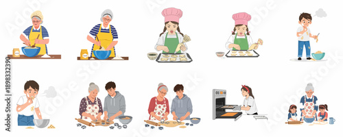 Cartoon illustrations depicting the cookie baking process from mixing ingredients and dough preparation to decorating, messy tasting, and putting treats in the oven.