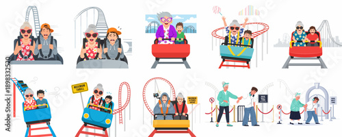 Collection of grandmothers and grandchildren riding thrilling roller coasters, showcasing contrasting reactions of excitement versus fear at the amusement park.