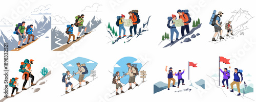 Diverse illustrations depicting men and youth hiking, trekking, and navigating mountain trails with maps and climbing gear, celebrating a successful summit climb.