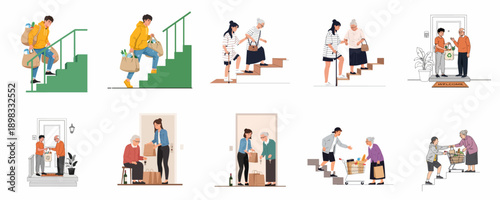 Intergenerational support scenes: young volunteers assisting seniors with grocery delivery, carrying bags, and providing mobility help up and down stairs.
