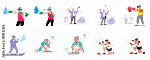 Elderly Woman Engaging in Modern Activities: VR Fitness, Boxing, Gaming, Dancing, and Cooking.