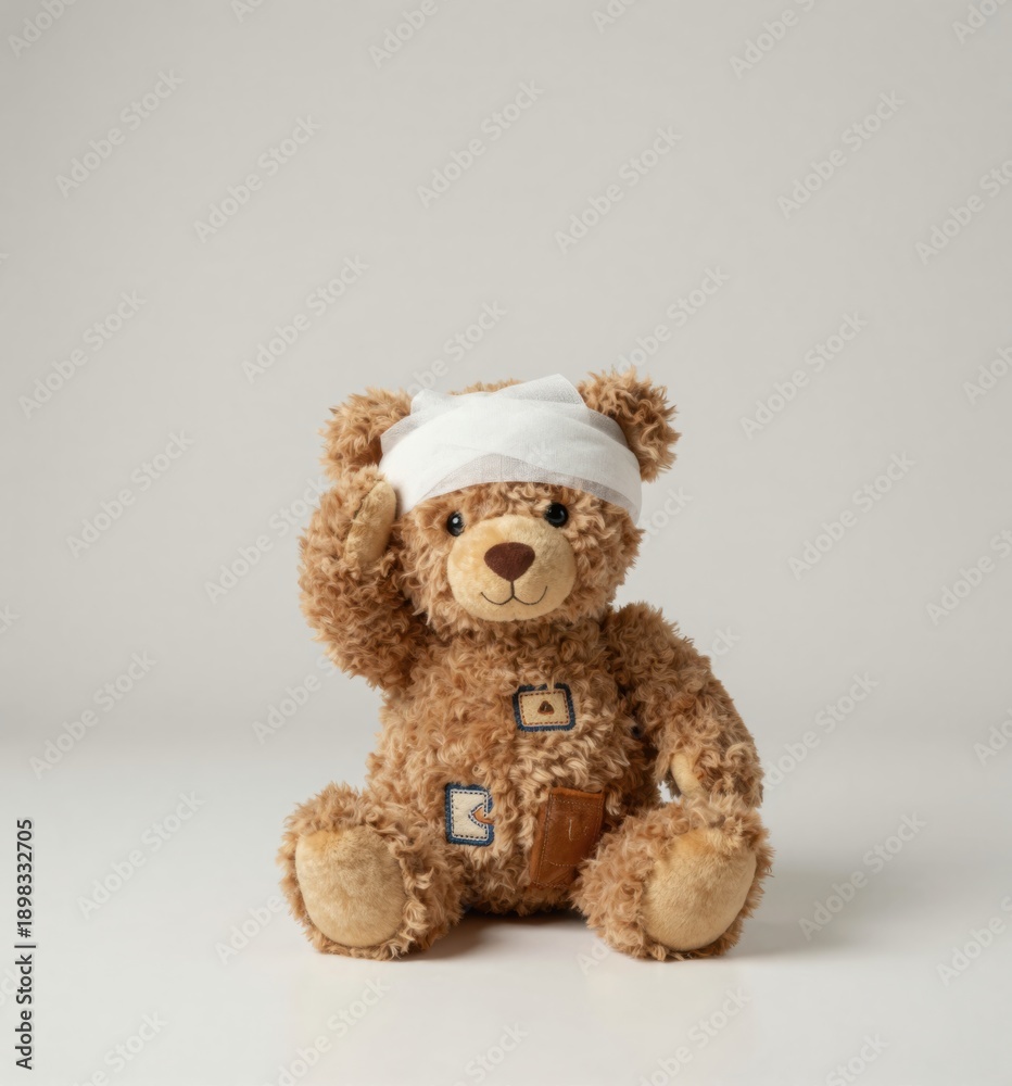 Obraz premium Injured Teddy Bear with Bandage Isolated on White Background, Symbolizing Childhood Accidents and Healthcare