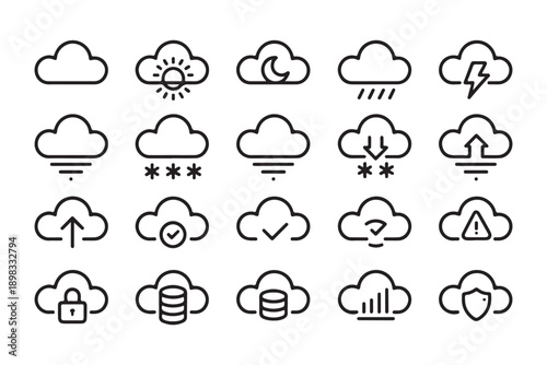 Cloud computing icons set, line art cloud storage symbols, weather forecast outline collection