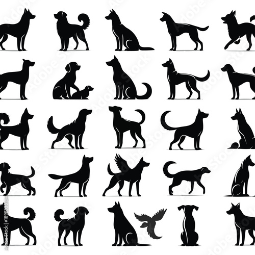 Silhouettes Of Various Dog Breeds Arranged In A Grid Pattern Black On White