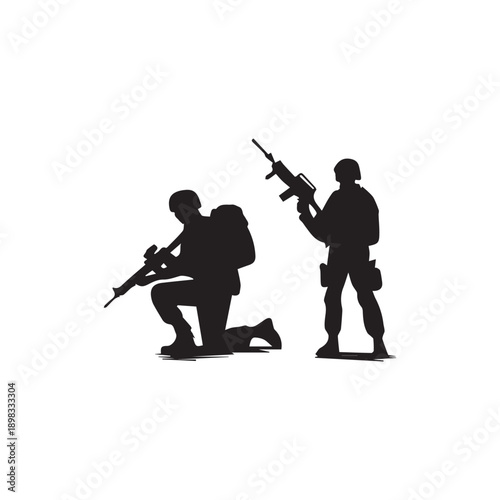 Soldier silhouette collection featuring armed military personnel in combat poses on white background for war designs