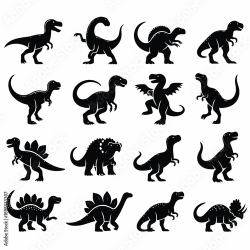Black silhouettes of various dinosaur species in dynamic poses displayed in a grid pattern