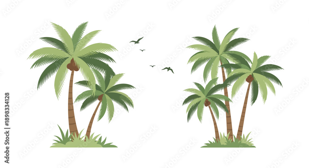 Fototapeta premium Tropical Palm Trees and Flying Birds on White Background - Vector Illustration