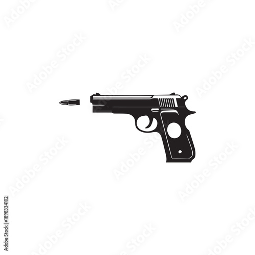 Handgun silhouette with fired bullet motion effect isolated on white background for security and protection concepts