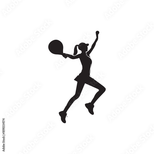 Tennis player silhouette in dynamic jumping serve pose with racket and ball for sports branding and fitness posters