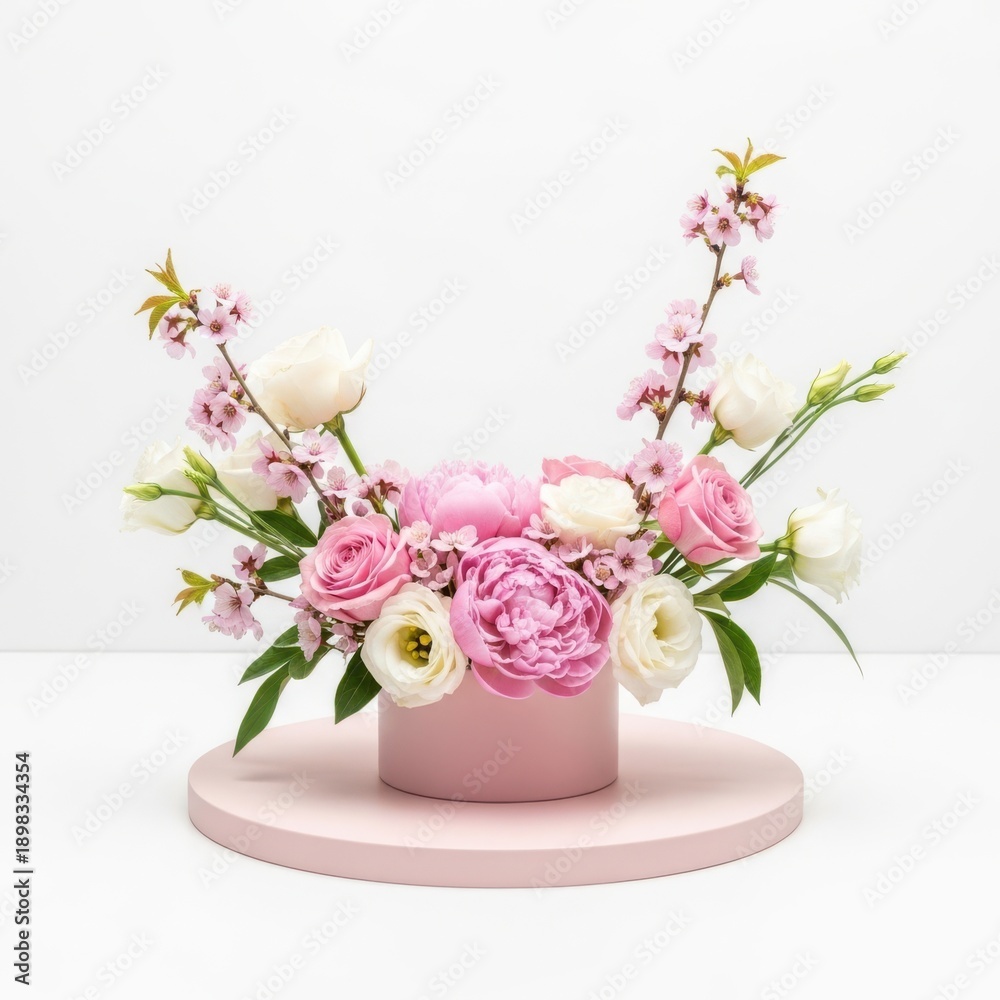 Naklejka premium Pink and white floral arrangement with peonies, roses, and cherry blossoms in a round pink vase on a pedestal, isolated on white