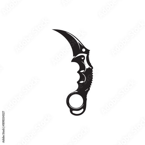 Karambit knife silhouette with curved blade and finger ring handle for tactical gear and self defense weapon designs