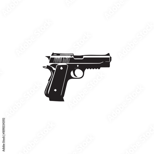 Stylized silhouette of a pistol gun isolated on white background, firearm icon for combat or defense symbol