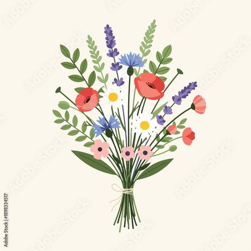 A vibrant, colorful illustration of a hand-tied wildflower bouquet