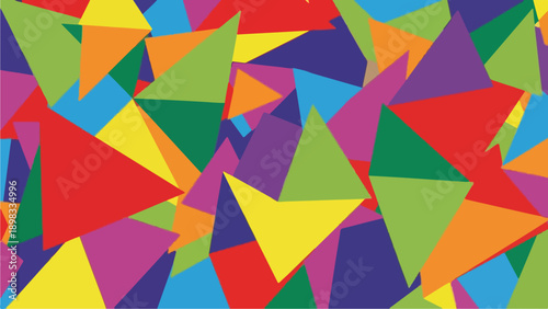 A vibrant composition of colorful triangles overlapping, creating an abstract design