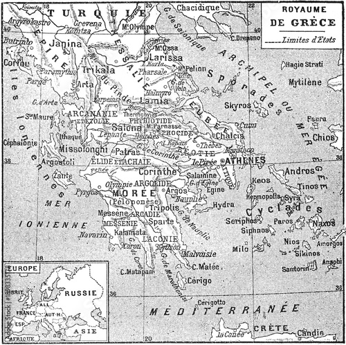 Cuadro en lienzo A political map of the Kingdom of Greece showing administrative regions and international borders in the late 19th century, old vintage illustration, 1897